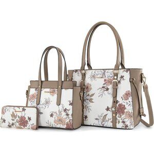 Women’s Flower Khaki 3PCS Purses Tote Wallet & Shoulder Satchel Handbags Set